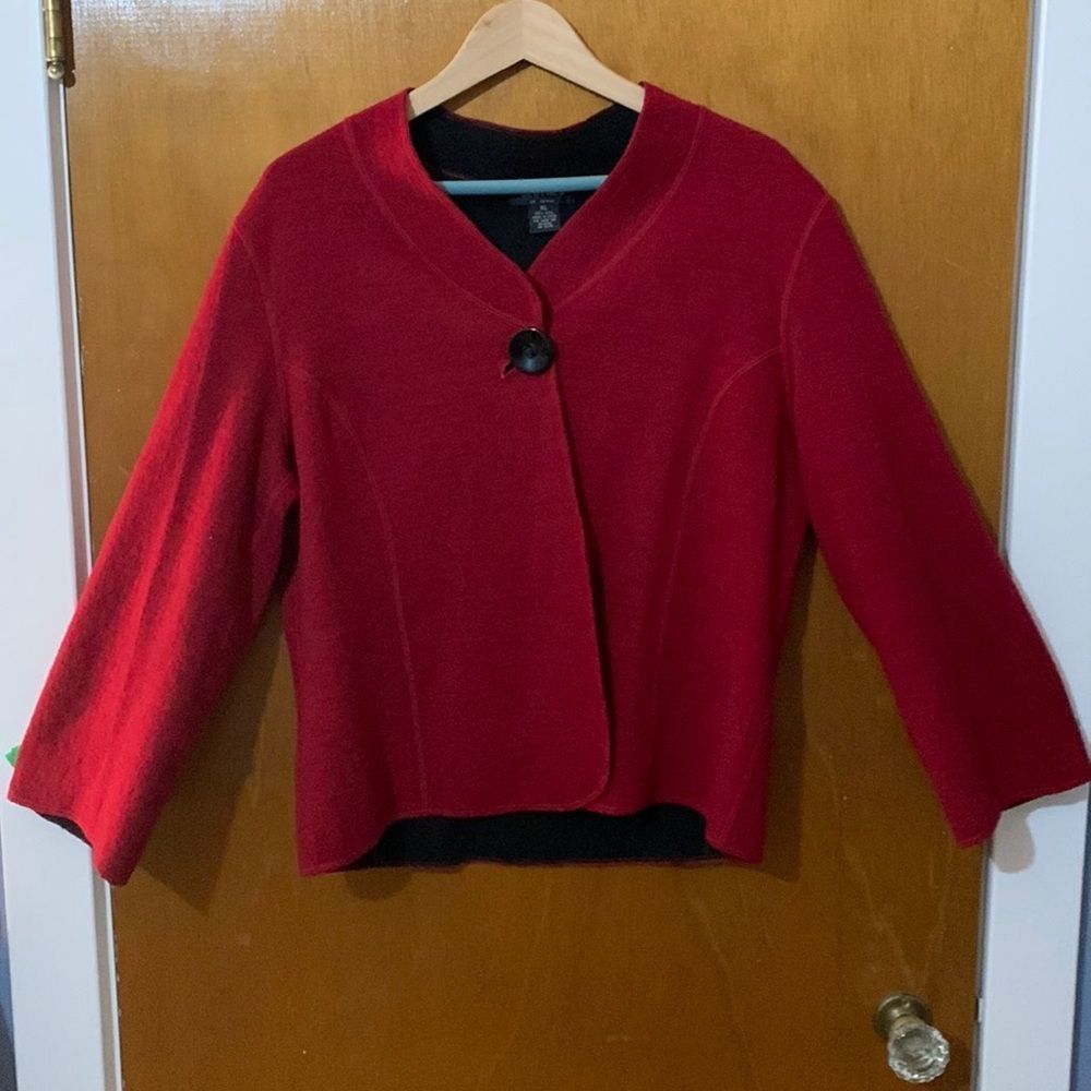 Vintage pure wool cardigan tailored red black sweater wide 3/4 sleeve button XL - Picture 2 of 8